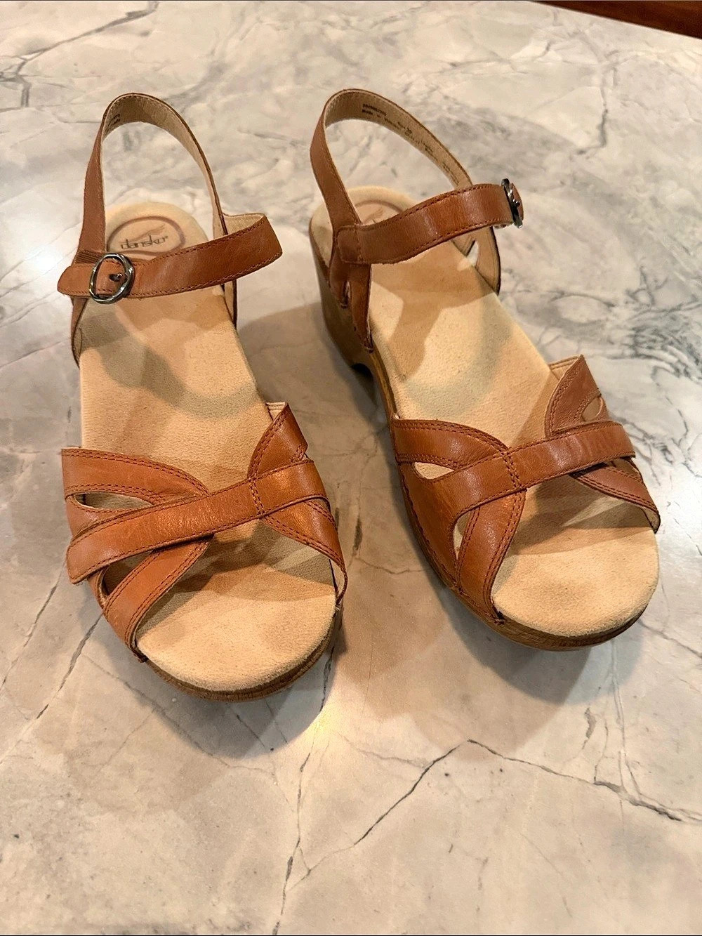 Dansko Arielle Tan Glazed Leather Wedge Sandal Brown